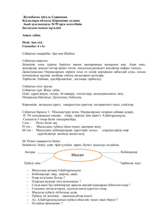 Жумабаева Айгуль Сериковна
Қызылорда облысы Қармақшы ауданы
Ақай ауылындағы № 99 орта мектебінің
бастауыш сынып мұғалімі
Ашық сабақ
Пәні: Ана тілі
Сыныбы: 4 «А»
Сабақтың тақырыбы: Ара мен Шыбын
Сабақтың мақсаты:
Білімділік: өлең түрінде берілген шағын шығарманың мазмұнын ашу. Адам емес,
жануарлар, жансыз заттар әрекет ететін, мысалдың рөліндегі жәндіктер өміріне тоқталу.
Дамытушылық: Оқушылардың көркем сөзді өз сөздік қорларына қабылдай алуы, соның
нәтижесінде ауызша, жазбаша сөйлеу дағдыларын жетілдіру.
Тәрбиелік: Еңбекке, ауызбірлшілікке, достыққа тәрбиелеу.
Сабақтың типі: аралас
Сабақтың түрі: Жаңа сабақ
Әдісі: сұрақ-жауап, талдау, ой шақыру, топтастыру, қызығушылықты ояту.
Пәнаралық байланыс: Дүниетану, бейнелеу.
Көрнекілік: автордың суреті, тақырыптық суреттер интерактивті тақта, слайдтар.
Сабақтың барысы: І. Ұйымдастыру кезең. Оқушылардың назарын сабаққа аудару.
П. Үй тапсырмасын тексеру. «Аққу, шортан, һәм шаян!» А.Байтұрсынұлы.
Сыныпты 3 топқа бөліп тапсырма беру.
І топ - Рөлге бөліп оқу
П топ - Мысалдағы түйінді ойын тауып, шығарма жазу.
Ш топ - Мысалдағы кейіпкерлердің суреттерін салып, олардың қайда өмір
сүретіндіктері жөнінде жазып келу.
Ш. Өткен тақырыпты бекіту
Білімімізді бекіту үшін тірек-үлгісіне қарап, бүгінгі мысалды талдайық.
Авторы Кейіпкерлер
Түйінді ойы Тәрбиелік мәні
- Мысалдың авторы А.Байтұрсынұлы
- Кейіпкерлері: аққу, шортан, шаян.
- Олар не істемек болды ?
- Олардың жүктері неге қозғалмады ?
- Сонда ақын бұл кейіпкерлер арқылы қандай адамдарды бейнелеп отыр ?
- Сонымен, автор астарлы, тұспалы мәнді суреттеп отыр.
- Мысалда түйінді ой болады дедік.
- Түйінді ой дегеніміз – ақынның айтар өсиеті.
- Ал, А.Байтұрсынұлының түйінді ойын кім тауып оқып береді ?
- Ол қайда орналасқан ?
Мысал
 