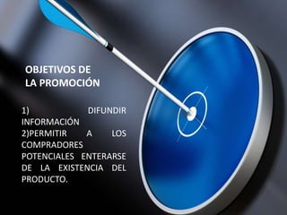 OBJETIVOS DE
LA PROMOCIÓN
1) DIFUNDIR
INFORMACIÓN
2)PERMITIR A LOS
COMPRADORES
POTENCIALES ENTERARSE
DE LA EXISTENCIA DEL
PRODUCTO.
 