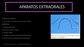 APARATOS EXTRAORALES
El aparato se compone de:
• Un arco interno y otro externo que se conectan en el centro.
INDICACION
o Distalización de molares
o Extrusión e intrusión de molares
o Anclaje de molares
o Expansión o compresión del área molar de maxilar superior
o Inhibición del crecimiento esquelético del maxilar superior
ATLAS DE ORTOPEDIA MAXILAR THOMAS RAKOSI IRMTRUD JONAS
 