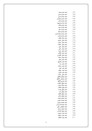 4
151.‫جياد‬ ‫جاسم‬ ‫احمد‬
152.‫حسن‬ ‫جاسم‬ ‫احمد‬
153.‫حسن‬ ‫جاسم‬ ‫احمد‬
154.‫حنتوش‬ ‫جاسم‬ ‫احمد‬
155.‫ذياب‬ ‫جاسم‬ ‫احمد‬
156.‫صيهود‬ ‫جاسم‬ ‫احمد‬
157.‫طلب‬ ‫جاسم‬ ‫احمد‬
158.‫عبود‬ ‫جاسم‬ ‫احمد‬
159.‫عنبر‬ ‫جاسم‬ ‫احمد‬
161.‫محمد‬ ‫جاسم‬ ‫احمد‬
161.‫محمدحسن‬ ‫جاسم‬ ‫احمد‬
162.‫ناصر‬ ‫جاسم‬ ‫احمد‬
163.‫خليف‬ ‫جايد‬ ‫احمد‬
164.‫حسين‬ ‫جبار‬ ‫احمد‬
165.‫عباس‬ ‫جبار‬ ‫احمد‬
166.‫عكاب‬ ‫جبار‬ ‫احمد‬
167.‫علي‬ ‫جبار‬ ‫احمد‬
168.‫علي‬ ‫جبار‬ ‫احمد‬
169.‫عويد‬ ‫جبار‬ ‫احمد‬
171.‫كطام‬ ‫جبار‬ ‫احمد‬
171.‫كطران‬ ‫جبار‬ ‫احمد‬
172.‫محمد‬ ‫جبار‬ ‫احمد‬
173.‫مطر‬ ‫جبار‬ ‫احمد‬
174.‫جضيع‬ ‫جبر‬ ‫احمد‬
175.‫ريه‬ ‫جبر‬ ‫احمد‬
176.‫ساجت‬ ‫جبر‬ ‫احمد‬
177.‫عبيد‬ ‫جبر‬ ‫احمد‬
178.‫عجيل‬ ‫جبر‬ ‫احمد‬
179.‫هادي‬ ‫جبر‬ ‫احمد‬
181.‫عذاب‬ ‫جبير‬ ‫احمد‬
181.‫كاطع‬ ‫جحيل‬ ‫احمد‬
182.‫كاطع‬ ‫جخيور‬ ‫احمد‬
183.‫كاطع‬ ‫جري‬ ‫احمد‬
184.‫فياض‬ ‫جعفر‬ ‫احمد‬
185.‫حميد‬ ‫جالل‬ ‫احمد‬
186.‫كاظم‬ ‫جلود‬ ‫احمد‬
187.‫جوده‬ ‫جليل‬ ‫احمد‬
188.‫داود‬ ‫جليل‬ ‫احمد‬
189.‫كاظم‬ ‫جليل‬ ‫احمد‬
191.‫هاشم‬ ‫جليل‬ ‫احمد‬
191.‫حبيب‬ ‫جمعه‬ ‫احمد‬
192.‫جم‬ ‫احمد‬‫عيسى‬ ‫عه‬
193.‫عيسى‬ ‫جمعه‬ ‫احمد‬
194.‫كردوش‬ ‫جمعه‬ ‫احمد‬
195.‫علي‬ ‫جنفاص‬ ‫احمد‬
196.‫رزاق‬ ‫جهاد‬ ‫احمد‬
197.‫طارش‬ ‫جهاد‬ ‫احمد‬
198.‫حسين‬ ‫جواد‬ ‫احمد‬
199.‫عكيب‬ ‫جواد‬ ‫احمد‬
211.‫كاظم‬ ‫جواد‬ ‫احمد‬
 