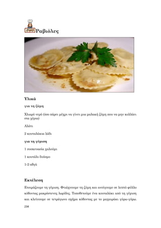 234
Ραβιόλες
Υλικά
για τη ζύμη
Χλιαρό νερό (όσο πάρει μέχρι να γίνει μια μαλακή ζύμη που να μην κολλάει
στα χέρια)
Αλάτι
2 κουταλάκια λάδι
για τη γέμιση
1 συσκευασία χαλούμι
1 κουτάλι δυόσμο
1-2 αβγά
Εκτέλεση
Ετοιμάζουμε τη γέμιση. Φτιάχνουμε τη ζύμη και ανοίγουμε σε λεπτό φύλλο
κόβοντας μακρόστενες λωρίδες. Τοποθετούμε ένα κουταλάκι από τη γέμιση
και κλείνουμε σε τετράγωνο σχήμα κόβοντας με το μαχαιράκι γύρω-γύρω.
 