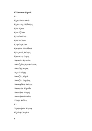 3
Η Συντακτική Ομάδα
Α2
Καρακώστα Μαρία
Καρκαλιάς Αλέξανδρος
Κάσα Έρικα
Κάσα Τζέσικα
Κατσόλια Ενέα
Κιόσε Βαλέριο
Κλομολάρι Άινι
Κοκομέτσι Ντονάλντο
Κυπαρισσός Γιώργος
Κωστούλας Θωμάς
Μακανίκα Κατερίνα
Μαντζαβίνος Κωνσταντίνος
Μανώλης Μάριος
Μιχαήλ Χάρης
Μπατζάκι Αθηνά
Μπατζάκι Γρηγόρης
Μπατσαβάνος Γιάννης
Μπατσκίνη Μιχαέλα
Μπουκόρος Σπύρος
Μπουκόρου Βασιλική
Ντούρο Μελίνα
Α3
Ξηρομερήσιου Μερόπη
Παγώνη Κατερίνα
 