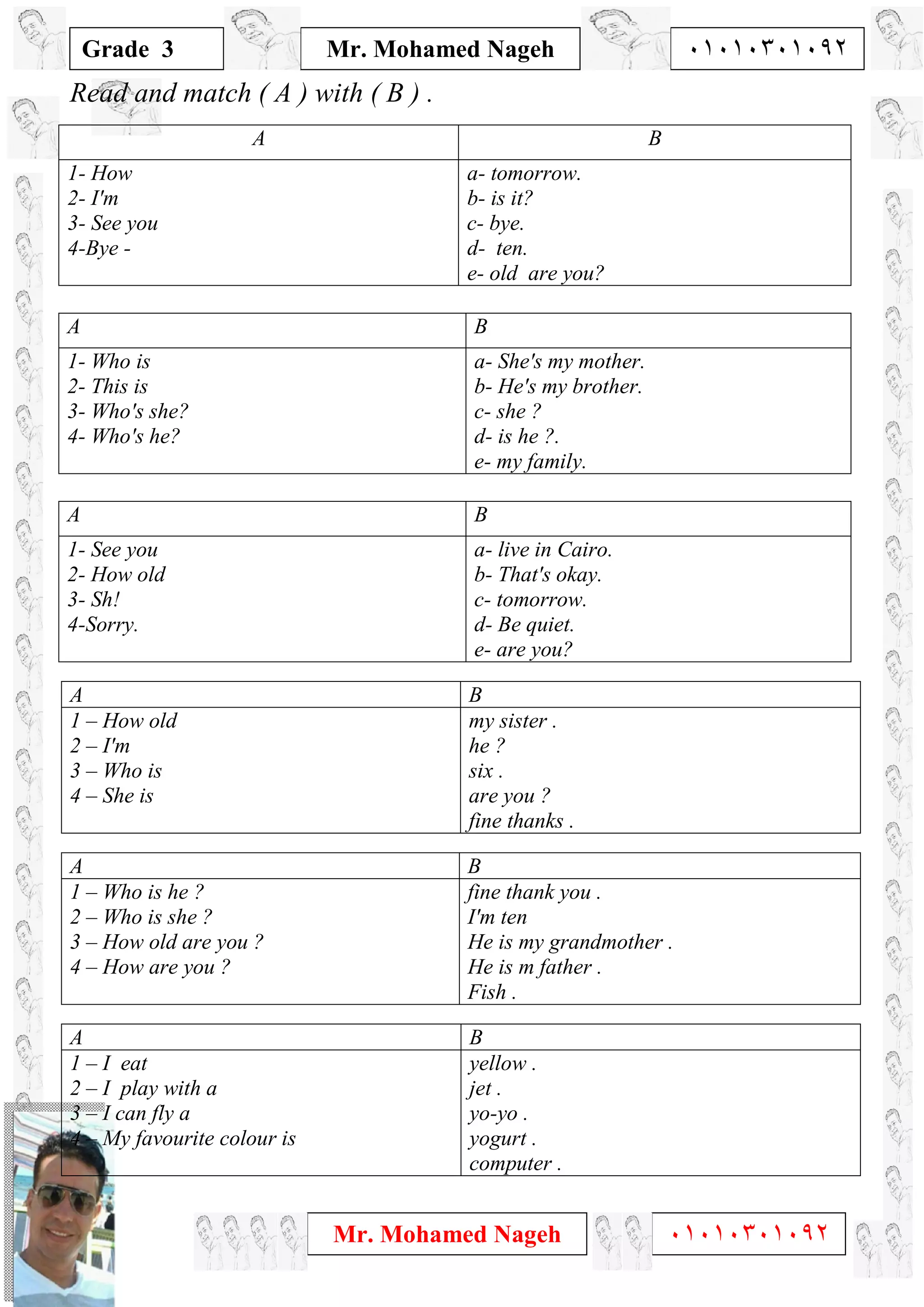 1
Grade 3
Mr. Mohamed Nageh ٠١٠١٠٣٠١٠٩٢
Mr. Mohamed Nageh ٠١٠١٠٣٠١٠٩٢
Read and match ( A ) with ( B ) .
BA
a- tomorrow.
b- is it?
c- bye.
d- ten.
e- old are you?
1- How
2- I'm
3- See you
4-Bye -
BA
a- She's my mother.
b- He's my brother.
c- she ?
d- is he ?.
e- my family.
1- Who is
2- This is
3- Who's she?
4- Who's he?
BA
a- live in Cairo.
b- That's okay.
c- tomorrow.
d- Be quiet.
e- are you?
1- See you
2- How old
3- Sh!
4-Sorry.
BA
my sister .
he ?
six .
are you ?
fine thanks .
1 – How old
2 – I'm
3 – Who is
4 – She is
BA
fine thank you .
I'm ten
He is my grandmother .
He is m father .
Fish .
1 – Who is he ?
2 – Who is she ?
3 – How old are you ?
4 – How are you ?
BA
yellow .
jet .
yo-yo .
yogurt .
computer .
1 – I eat
2 – I play with a
3 – I can fly a
4 – My favourite colour is
 