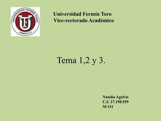 Tema 1,2 y 3.
Universidad Fermín Toro
Vice-rectorado Académico
Natalia Agelvis
C.I: 27.198.559
M-111
 