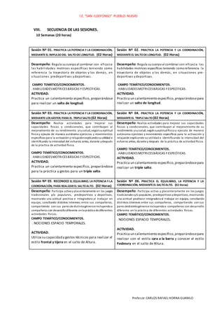 I.E. “SAN ILDEFONSO” PUEBLO NUEVO
Profesor:CARLOS RAFAEL HORNA GUANILO
VIII. SECUENCIA DE LAS SESIONES.
10 Semanas (20 horas)
Sesión Nº 01. PRACTICA LA POTENCIA Y LA COORDINACIÓN,
MEDIANTE EL IMPULSODEL SALTODELONGITUD. (02 Horas)
Sesión Nº 02. PRACTICA LA POTENCIA Y LA COORDINACIÓN,
MEDIANTEEL SALTODELONGITUD. (02 Horas)
Desempeño: Regula sucuerpoal combinar con eficacia
las habilidades motrices específicas teniendo como
referencia la trayectoria de objetos y los demás, en
situaciones predeportivas ydeportivas.
CAMPO TEMÁTICO/CONOCIMIENTOS.
. HABILIDADESMOTRICESBÁSICAS Y ESPECÍFICAS.
ACTIVIDAD.
Practica un calentamiento específico, preparándose
para realizar un salto de longitud.
Desempeño: Regula sucuerpoal combinar con eficacia las
habilidades motrices específicas teniendo comoreferencia la
trayectoria de objetos y los demás, en situaciones pre-
deportivas ydeportivas.
CAMPO TEMÁTICO/CONOCIMIENTOS.
. HABILIDADESMOTRICESBÁSICAS Y ESPECÍFICAS.
ACTIVIDAD.
Practica un calentamiento específico,preparándosepara
realizar un salto de longitud.
Sesión Nº 03. PRACTICA LA POTENCIA Y LA COORDINACIÓN,
MEDIANTE LOS GESTOS PARA EL TRIPLESALTO (02 Horas)
Sesión Nº 04. PRACTICA LA POTENCIA Y LA COORDINACIÓN,
MEDIANTEEL TRIPLESALTO (02 Horas)
Desempeño: Realiza actividades para mejorar sus
capacidades físicas y condicionales, que contribuyan al
mejoramiento de su rendimiento ysusalud,segúnsuaptitud
física y ejecuta de manera autónoma ejercicios y movimientos
específicos para la activación y relajaciónexplicandosuutilidad e
identificando la intensidad del esfuerzo antes, durante ydespués
de la práctica de actividad física.
CAMPO TEMÁTICO/CONOCIMIENTOS.
. HABILIDADESMOTRICESBÁSICAS Y ESPECÍFICAS.
ACTIVIDAD.
Practica un calentamiento específico, preparándose
para la práctica y gestos para un triple salto.
Desempeño: Realiza actividades para mejorar sus capacidades
físicas y condicionales, que contribuyan al mejoramiento de su
rendimiento ysusalud,segúnsuaptitudfísica y ejecuta de manera
autónoma ejercicios y movimientos específicos para la activación y
relajación explicando su utilidad e identificando la intensidad del
esfuerzo antes, durantey después de la práctica de actividad física.
CAMPO TEMÁTICO/CONOCIMIENTOS.
. HABILIDADESMOTRICESBÁSICAS Y ESPECÍFICAS.
ACTIVIDAD.
Practica un calentamiento específico,preparándosepara
realizar un triple salto.
Sesión Nº 05. RECONOCE EL EQUILIBRIO, LA POTENCIA Y LA
COORDINACIÓN, PARA REALIZAR EL SALTOALTO. (02 Horas)
Sesión Nº 06. PRACTICA EL EQUILIBRIO, LA POTENCIA Y LA
COORDINACIÓN, MEDIANTEEL SALTOALTO. (02 Horas)
Desempeño: Participa activa y placenteramente en los juegos
tradicionales y/o populares, predeportivos y deportivos,
mostrando una actitud positiva e integradora al trabajar en
equipo, conciliando distintos intereses entre sus compañeros,
compartiendo con sus pares dedistintogéneroeincluyendoa
compañeros con desarrollodiferente enla práctica dediferentes
actividades físicas.
CAMPO TEMÁTICO/CONOCIMIENTOS.
. NOCIONES ESPACIO TEMPORALES.
ACTIVIDAD.
Utiliza su capacidad y gestos técnicos para realizar el
estilo frontal y tijera en el salto de Altura.
Desempeño: Participa activa y placenteramente en los juegos
tradicionales y/o populares, predeportivos ydeportivos,mostrando
una actitud positiva e integradora al trabajar en equipo, conciliando
distintos intereses entre sus compañeros, compartiendo con sus
pares dedistintogéneroeincluyendoa compañeros con desarrollo
diferente en la práctica de diferentes actividades físicas.
CAMPO TEMÁTICO/CONOCIMIENTOS.
. NOCIONES ESPACIO TEMPORALES.
ACTIVIDAD.
Practica un calentamiento específico,preparándosepara
realizar con el estilo cara a la barra y conocer el estilo
Fosboury en el salto de Altura.
 