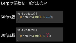 Lerpの係数を一般化したい
void Update() {
p = Mathf.Lerp(p, T, 0.1f);
}
60fps版
void Update() {
p = Mathf.Lerp(p, T, ？);
}
30fps版
 