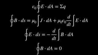 ϵ0
∮
E ⋅ dA = Σq
∮
B ⋅ ds = μ0
∫
J ⋅ dA + μ0ϵ0
d
dt ∫
E ⋅ dA
∮
E ⋅ ds = −
d
dt ∫
B ⋅ dA
∮
B ⋅ dA = 0
 
