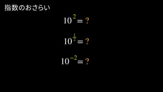 10 =
2
10 =
1
2
10 =
−2
指数のおさらい
?
?
?
 