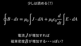 電流　が増加すれば
∮
B ⋅ ds = μ0
∫
J ⋅ dA + μ0ϵ0
d
dt ∫
E ⋅ dA
磁束密度　が増加する・・・っぽい？B
J
少しは読める（？）
 