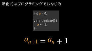 漸化式はプログラミングでおなじみ
= + 1
int a = 0;
void Update() {
a += 1;
}
an+1 an
 