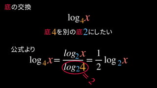 底の交換
log =
log
log
=
1
2
log
公式より
log
底 を別の底 にしたい4 2
4
4
42
2
2
=
2
x
x
x
x
 