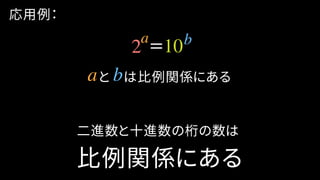 応用例：
=
二進数と十進数の桁の数は
比例関係にある
a b
と　は比例関係にあるa b
2 10
 