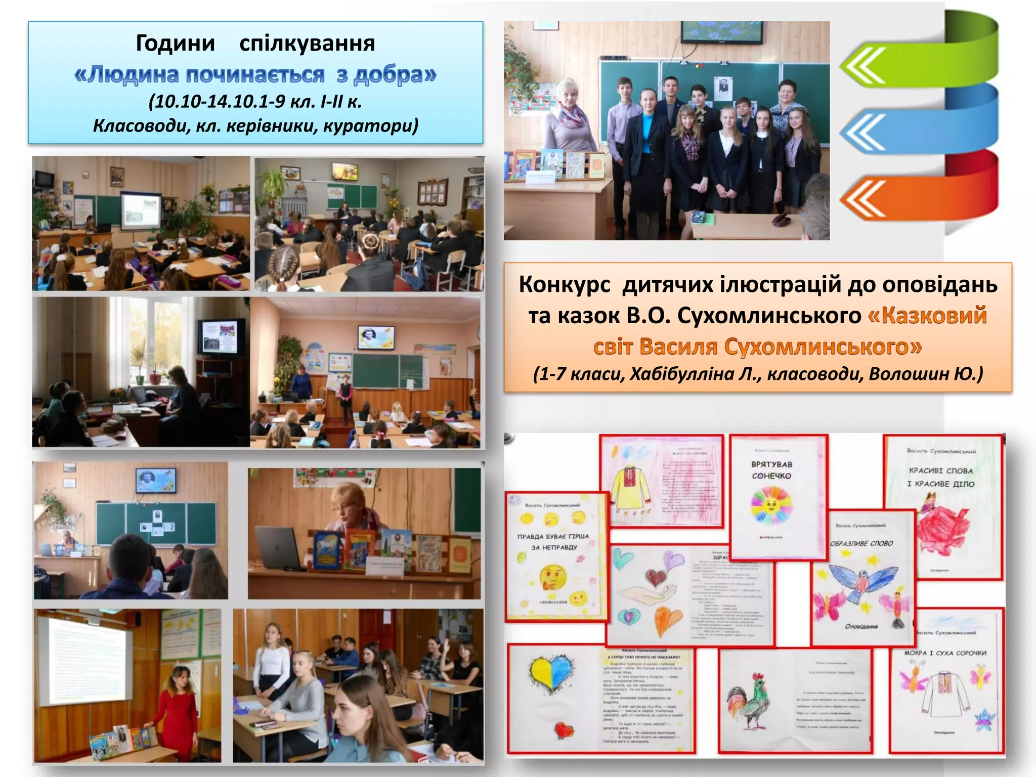 Конкурс дитячих ілюстрацій до оповідань
та казок В.О. Сухомлинського
(1-7 класи, Хабібулліна Л., класоводи, Волошин Ю.)
Години спілкування
(10.10-14.10.1-9 кл. І-ІІ к.
Класоводи, кл. керівники, куратори)
 