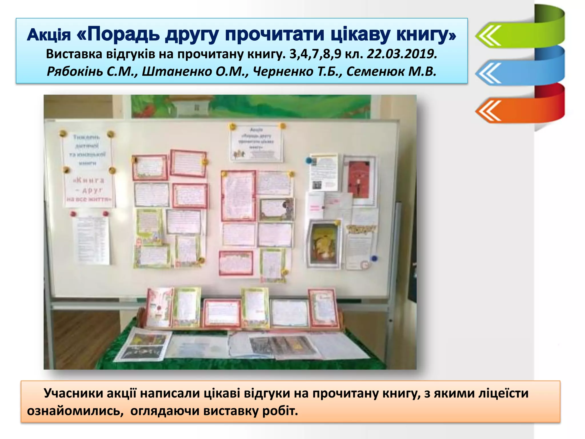 Виставка відгуків на прочитану книгу. 3,4,7,8,9 кл. 22.03.2019.
Рябокінь С.М., Штаненко О.М., Черненко Т.Б., Семенюк М.В.
Учасники акції написали цікаві відгуки на прочитану книгу, з якими ліцеїсти
ознайомились, оглядаючи виставку робіт.
 