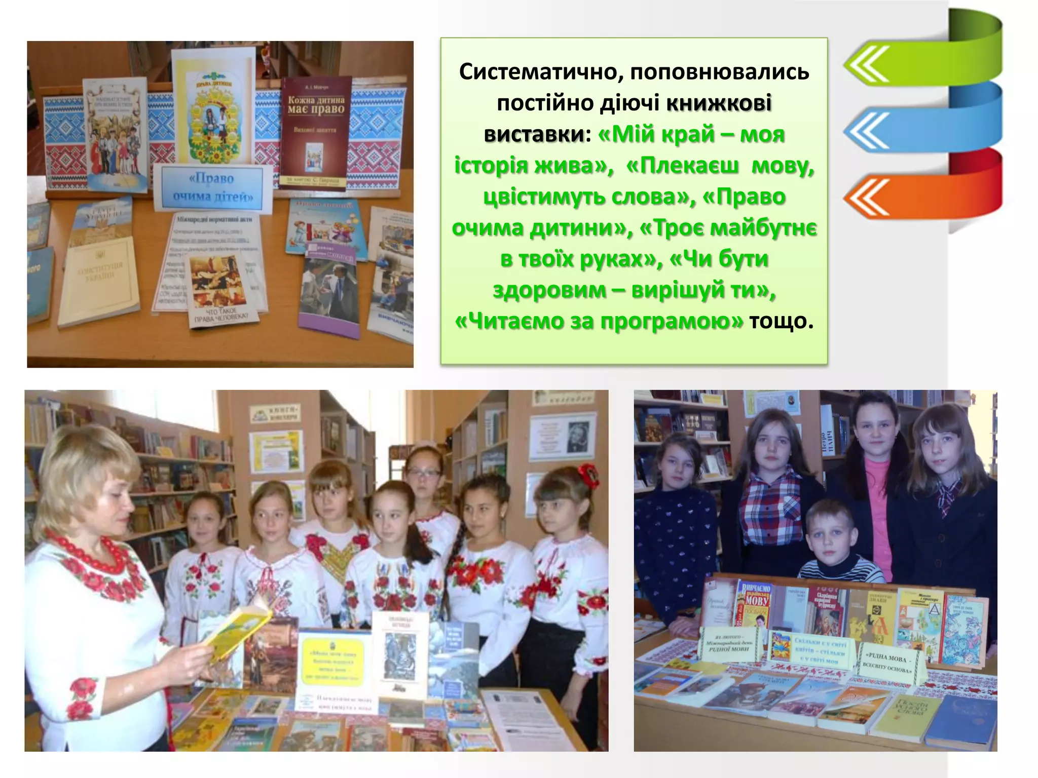 Систематично, поповнювались
постійно діючі книжкові
виставки: «Мій край – моя
історія жива», «Плекаєш мову,
цвістимуть слова», «Право
очима дитини», «Троє майбутнє
в твоїх руках», «Чи бути
здоровим – вирішуй ти»,
«Читаємо за програмою» тощо.
 