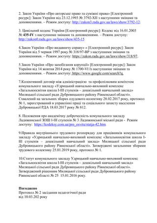 2. Закон України «Про авторське право та суміжні права» [Електронний
ресурс]: Закон України від 23.12.1993 № 3792-XII з наступними змінами та
доповненнями. – Режим доступу: http://zakon3.rada.gov.ua/laws/show/3792-12.
3. Цивільний кодекс України [Електронний ресурс]: Кодекс від 16.01.2003
№ 435-IV з наступними змінами та доповненнями. – Режим доступу:
http://zakon0.rada.gov.ua/laws/show/435-15
4.Закон України «Про видавничу справу» » [Електронний ресурс]: Закон
України від 5 червня 1997 року № 318/97-ВР з наступними змінами та
доповненнями. – Режим доступу: https://zakon.rada.gov.ua/laws/show/318/97.
5.Закон України «Про запобігання корупції» [Електронний ресурс]: Закон
України від 14 жовтня 2014 року № 1700-VI Iз наступними змінами та
доповненнями. – Режим доступу: https://www.google.com/search?q.
7.Колективний договір між адміністрацією та профспілковим комітетом
комунального закладу «Удрицький навчально-виховний комплекс
«Загальноосвітня школа І-ІІІ ступенів – дошкільний навчальний заклад»
Миляцької сільської ради Дубровицького району Рівненської області».
Схвалений на загальних зборах одудового колективу 28.02.2017 року, протокол
№ 1, зареєстрований в управлінні праці та соціального захисту населення
Дубровицької РДА 18.03.2017 року № 812.
8. Положення про академічну доброчесність комунального закладу
Ладижинської ЗОШ І-ІІІ ступенів № 3 Ладижинської міської ради - Режим
доступу: https://kodeksy.com.ua/pro_osvitu/statja-42.htm.
9.Правила внутрішнього трудового розпорядку для працівників комунального
закладу «Удрицький навчально-виховний комплекс «Загальноосвітня школа І-
ІІІ ступенів – дошкільний навчальний заклад» Миляцької сільської ради
Дубровицького району Рівненської області». Затверджені загальними зборами
трудового колективу 25.01.2019 року, протокол № 1.
10.Статут комунального закладу Удрицький навчально-виховний комплекс
«Загальноосвітня школа І-ІІІ ступенів – дошкільний навчальний заклад»
Миляцької сільської ради Дубровицького району Рівненської області».
Затверджений рішенням Миляцької сільської ради Дубровицького району
Рівненської області № 25 15.01.2016 року.
Погоджено
Протокол № 2 засідання педагогічної ради
від 10.03.202 року
 