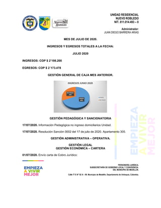 UNIDAD RESIDENCIAL
NUEVO ROBLEDO
NIT. 811.014.493 – 0
Administrador:
JUAN DIEGO BARRERA ARIAS
PERSONERÍA JURÍDICA.
SUBSECRETARÍA DE GOBIERNO LOCAL Y CONVIVENCIA.
DEL MUNICIPIO DE MEDELLÍN.
Calle 77 E N° 82 A – 99. Municipio de Medellín, Departamento de Antioquia, Colombia.
MES DE JULIO DE 2020.
INGRESOS Y EGRESOS TOTALES A LA FECHA:
JULIO 2020
INGRESOS: COP $ 2’198.200
EGRESOS: COP $ 2´173.478
GESTIÓN GENERAL DE CAJA MES ANTERIOR.
GESTIÓN PEDAGÓGICA Y SANCIONATORIA
17/07/2020. Información Pedagógica no ingreso domiciliarios Unidad.
17/07/2020. Resolución Sanción 0002 del 17 de julio de 2020. Apartamento 305.
GESTIÓN ADMINISTRATIVA – OPERATIVA.
GESTIÓN LEGAL
GESTIÓN ECONÓMICA – CARTERA
01/07/2020. Envío carta de Cobro Jurídico:
 
