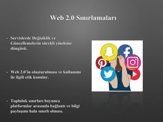• Servislerde Değişiklik ve
Güncellemelerin sürekli yineleme
döngüsü.
• Web 2.0’in oluşturulması ve kullanımı
ile ilgili etik konular.
• Topluluk sınırları boyunca
platformlar arasında bağlantı ve bilgi
paylaşımı hala sınırlı olması.
Web 2.0 Sınırlamaları
 