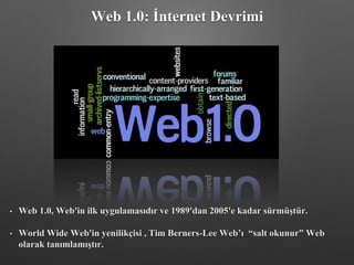 Web 1.0: İnternet Devrimi
• Web 1.0, Web'in ilk uygulamasıdır ve 1989'dan 2005'e kadar sürmüştür.
• World Wide Web'in yenilikçisi , Tim Berners-Lee Web’ı “salt okunur” Web
olarak tanımlamıştır.
 