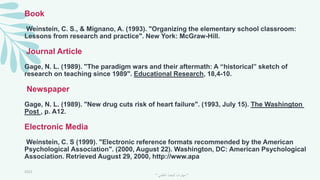 Book
Weinstein, C. S., & Mignano, A. (1993). "Organizing the elementary school classroom:
Lessons from research and practice". New York: McGraw-Hill.
Journal Article
Gage, N. L. (1989). "The paradigm wars and their aftermath: A “historical” sketch of
research on teaching since 1989". Educational Research, 18,4-10.
Newspaper
Gage, N. L. (1989). "New drug cuts risk of heart failure". (1993, July 15). The Washington
Post , p. A12.
Electronic Media
Weinstein, C. S (1999). "Electronic reference formats recommended by the American
Psychological Association". (2000, August 22). Washington, DC: American Psychological
Association. Retrieved August 29, 2000, http://www.apa
2021
"
‫العلمي‬ ‫البحث‬ ‫مهارات‬
"
 