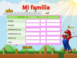 PARIENTES
PADRE
MADRE
HERMANOS (as)
HERMANAS (os)
ABUELOS
TIOS
NOMBRES OCUPACIÓN
EDAD
00
Donato
00
Karina
Luz
10
María
20
Maestro albañil
Ama de casa
Estudiante
Estudiante
 