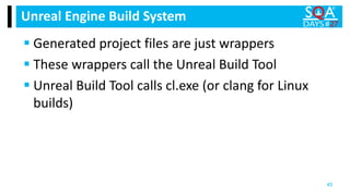  Generated project files are just wrappers
 These wrappers call the Unreal Build Tool
 Unreal Build Tool calls cl.exe (or clang for Linux
builds)
Unreal Engine Build System
45
 