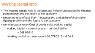 • The working capital ratio is the ratio that helps in assessing the financial
performance and the health of the company
• where the ratio of less than 1 indicates the probability of financial or
liquidity problems in the future to the company
• working capital ratio=Cost of goods sold/ working capital
working capital = current assets - current liability
= 5495-2616
working capital turn over ratio = 10,577/2616 = 4.04:1
 