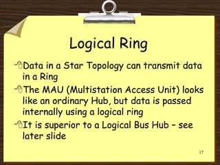 17
Logical Ring
Data in a Star Topology can transmit data
in a Ring
The MAU (Multistation Access Unit) looks
like an ordinary Hub, but data is passed
internally using a logical ring
It is superior to a Logical Bus Hub – see
later slide
 