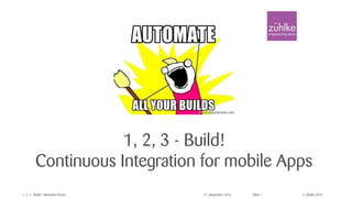 © Zühlke 20161, 2, 3 - Build! | Alexander Pacha 27. September 2016 Slide 1
1, 2, 3 - Build!
Continuous Integration for mobile Apps
 