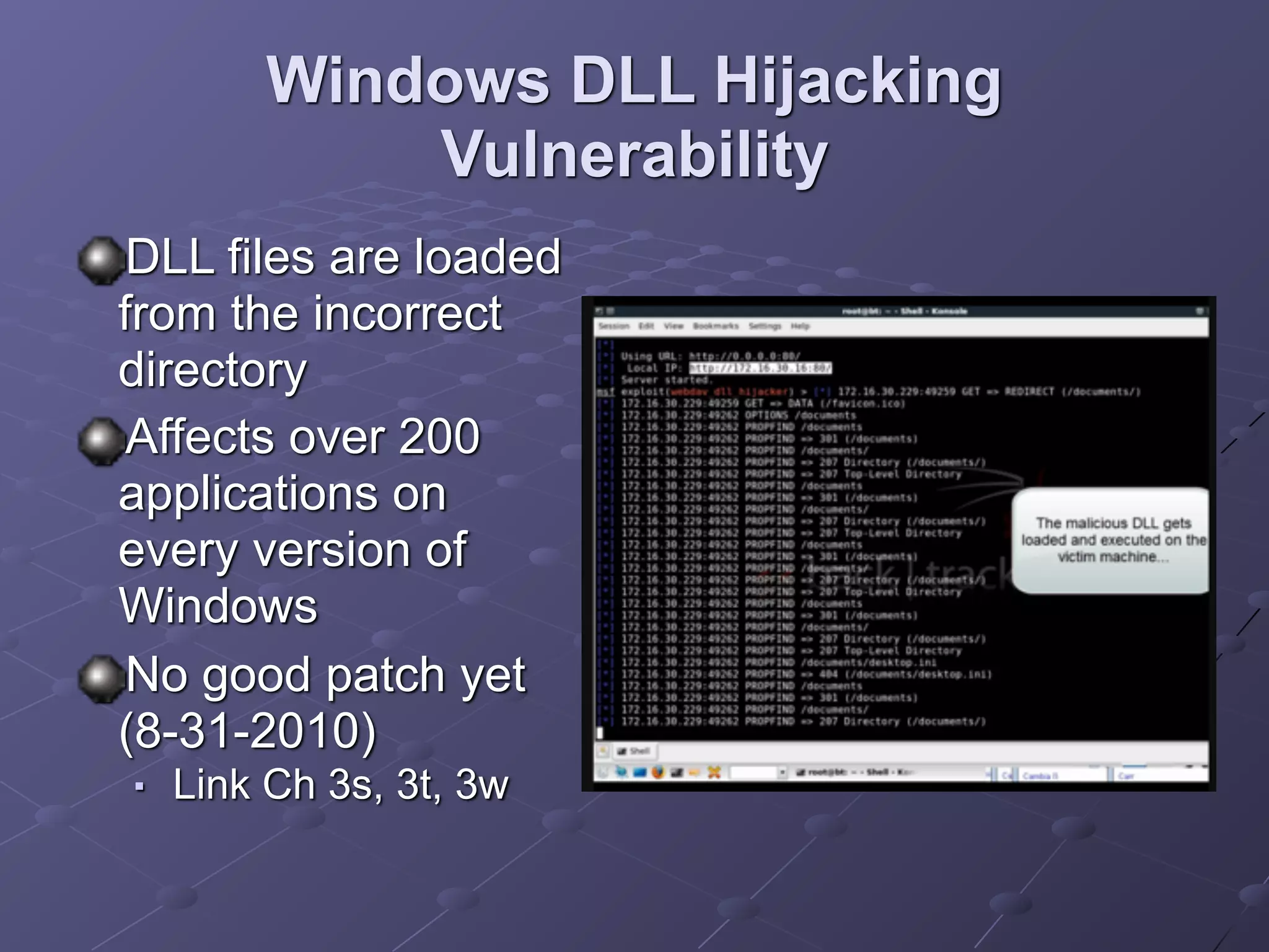 Windows DLL Hijacking
Vulnerability
DLL files are loaded
from the incorrect
directory
Affects over 200
applications on
every version of
Windows
No good patch yet
(8-31-2010)
■ Link Ch 3s, 3t, 3w
 