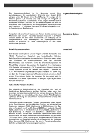 Die Jugendarbeitslosigkeit ist im November erneut leicht                   Jugendarbeitslosigkeit
zurückgegangen. Im Agenturbezirk Chemnitz sind derzeit 2.763
Jüngere unter 25 Jahren ohne Beschäftigung, 95 weniger als im
Oktober (minus 3,3 Prozent) und 308 weniger im Vergleich zu
November 2008 (minus 10,0 Prozent). 1.109 Jüngere meldeten sich im
November arbeitslos, darunter 395 aus Erwerbstätigkeit und 473 aus
Ausbildung oder Qualifizierung. Aus Arbeitslosigkeit abmelden konnten
sich insgesamt 1.179 Jüngere, darunter 432 in Erwerbstätigkeit und 401
in Ausbildung und Qualifizierung.


Verglichen mit dem Vorjahr suchen die Firmen deutlich weniger neue         Gemeldete Stellen
Mitarbeiter. Von Januar – November standen insgesamt 11,0 Prozent
weniger Stellen für den ersten Arbeitsmarkt zur Verfügung als im
Vergleichszeitrum 2008. Arbeitsagentur und Arbeitsgemeinschaften
wurden im November 951 neue Stellenangebote für den ersten
Arbeitsmarkt gemeldet.


Entwicklung der Anzeigen                                                   Kurzarbeit

Seit Oktober beantragten in unserer Region rund 950 Betriebe für etwa
19.000 Arbeitnehmer Kurzarbeit aus konjunkturellen Gründen.
Betroffene Wirtschaftszweige im Agenturbezirk Chemnitz waren neben
den Zulieferern der Automobilindustrie auch der klassische
Maschinenbau, das Handwerk sowie der Dienstleistungssektor. Im
Monat März erreichten die Anzeigen für Kurzarbeit ihren Höchststand
(284 Betriebe mit insgesamt 4.757 Arbeitnehmern). Danach gingen die
Zahlen monatlich zurück. Im Oktober 2009 zeigten 73 Betriebe für
1.344 Arbeitnehmer konjunkturell bedingte Kurzarbeit an. Damit stieg
die Zahl der Anzeigen nach sechs Monaten erstmals wieder an. Nach
ersten Erkenntnissen haben die Anzeigen für Kurzarbeit auch im
November 2009 weiter zugenommen. In wenigen Tagen liegen hierfür
konkrete Zahlen vor.

Tatsächliche Inanspruchnahme

Die tatsächliche Inanspruchnahme der Kurzarbeit wird erst mit
beträchtlicher Zeitverzögerung sichtbar. Betriebe haben nach dem
jeweiligen Monatsende grundsätzlich drei Monate rückwirkend Zeit, das
Kurzarbeitergeld bei der Arbeitsagentur abzurechnen. Aktuell liegt eine
vorläufige Erhebung der tatsächlichen Inanspruchnahme für das dritte
Quartal 2009 vor.

Tatsächlich aus konjunkturellen Gründen kurzgearbeitet haben danach
in der Stadt Chemnitz und den Altkreisen Freiberg und Mittweida Ende
September insgesamt 7.683 Arbeitnehmer in 550 Betrieben. Ihre Zahl
ging im Vergleich zum I. und II. Quartal 2009 leicht zurück (I. Quartal:
8292 Arbeitnehmer in 436 Betrieben; II. Quartal 9266 Arbeitnehmer in
624 Betrieben). 76 Prozent der betroffenen Arbeitnehmer waren
Männer. Rund 52 Prozent aller betroffenen Arbeitnehmer hatten einen
Arbeitsausfall von einem Viertel ihrer Gesamtarbeitszeit zu verkraften,
32 Prozent bis zur Hälfte ihrer Arbeitzeit. Insgesamt waren 20 Mal mehr
Arbeitnehmer von Kurzarbeit betroffen als im September des Vorjahres.
Hinzu kommen 362 Arbeitnehmer, die sich in Transfergesellschaften
befinden und ebenfalls Kurzarbeitergeld beziehen.




                                                                                                    2
 