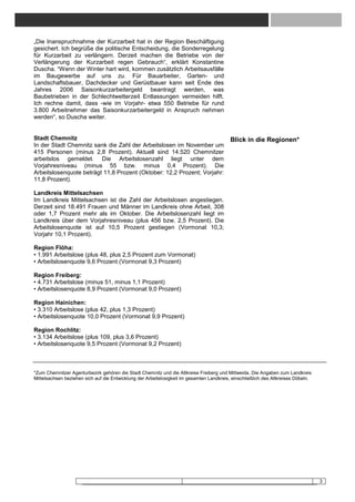 „Die Inanspruchnahme der Kurzarbeit hat in der Region Beschäftigung
gesichert. Ich begrüße die politische Entscheidung, die Sonderregelung
für Kurzarbeit zu verlängern. Derzeit machen die Betriebe von der
Verlängerung der Kurzarbeit regen Gebrauch“, erklärt Konstantine
Duscha. “Wenn der Winter hart wird, kommen zusätzlich Arbeitsausfälle
im Baugewerbe auf uns zu. Für Bauarbeiter, Garten- und
Landschaftsbauer, Dachdecker und Gerüstbauer kann seit Ende des
Jahres 2006 Saisonkurzarbeitergeld beantragt werden, was
Baubetrieben in der Schlechtwetterzeit Entlassungen vermeiden hilft.
Ich rechne damit, dass -wie im Vorjahr- etwa 550 Betriebe für rund
3.800 Arbeitnehmer das Saisonkurzarbeitergeld in Anspruch nehmen
werden“, so Duscha weiter.


Stadt Chemnitz                                                                             Blick in die Regionen*
In der Stadt Chemnitz sank die Zahl der Arbeitslosen im November um
415 Personen (minus 2,8 Prozent). Aktuell sind 14.520 Chemnitzer
arbeitslos gemeldet. Die Arbeitslosenzahl liegt unter dem
Vorjahresniveau (minus 55 bzw. minus 0,4 Prozent). Die
Arbeitslosenquote beträgt 11,8 Prozent (Oktober: 12,2 Prozent; Vorjahr:
11,8 Prozent).

Landkreis Mittelsachsen
Im Landkreis Mittelsachsen ist die Zahl der Arbeitslosen angestiegen.
Derzeit sind 18.491 Frauen und Männer im Landkreis ohne Arbeit, 308
oder 1,7 Prozent mehr als im Oktober. Die Arbeitslosenzahl liegt im
Landkreis über dem Vorjahresniveau (plus 456 bzw. 2,5 Prozent). Die
Arbeitslosenquote ist auf 10,5 Prozent gestiegen (Vormonat 10,3;
Vorjahr 10,1 Prozent).

Region Flöha:
• 1.991 Arbeitslose (plus 48, plus 2,5 Prozent zum Vormonat)
• Arbeitslosenquote 9,6 Prozent (Vormonat 9,3 Prozent)

Region Freiberg:
• 4.731 Arbeitslose (minus 51, minus 1,1 Prozent)
• Arbeitslosenquote 8,9 Prozent (Vormonat 9,0 Prozent)

Region Hainichen:
• 3.310 Arbeitslose (plus 42, plus 1,3 Prozent)
• Arbeitslosenquote 10,0 Prozent (Vormonat 9,9 Prozent)

Region Rochlitz:
• 3.134 Arbeitslose (plus 109, plus 3,6 Prozent)
• Arbeitslosenquote 9,5 Prozent (Vormonat 9,2 Prozent)



*Zum Chemnitzer Agenturbezirk gehören die Stadt Chemnitz und die Altkreise Freiberg und Mittweida. Die Angaben zum Landkreis
Mittelsachsen beziehen sich auf die Entwicklung der Arbeitslosigkeit im gesamten Landkreis, einschließlich des Altkreises Döbeln.




                                                                                                                                    3
 