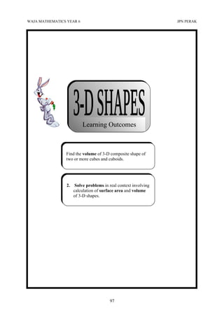 WAJA MATHEMATICS YEAR 6                                           JPN PERAK




                          Learning Outcomes



                Find the volume of 3-D composite shape of
                two or more cubes and cuboids.




                 2.    Solve problems in real context involving
                      calculation of surface area and volume
                      of 3-D shapes.




                                         97
 