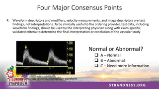 Four Major Consensus Points
4. Waveform descriptors and modifiers, velocity measurements, and image descriptors are test
findings, not interpretations. To be clinically useful to the ordering provider, test data, including
waveform findings, should be used by the interpreting physician along with exam-specific,
validated criteria to determine the final interpretation or conclusion of the vascular study
(Antegrade), low resistive, monophasic waveform
Normal or Abnormal?
❑ A – Normal
❑ B – Abnormal
❑ C – Need more information
 