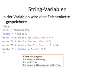 String-Variablen In der Variablen wird eine Zeichenkette gespeichert: <?php $ort  = "Hamburg"; $name  = "Fritz"; echo "Ich wohne in  $ort .<br />"; echo "Ich heiße  $name . <br />"; echo "Ich wohne in " .  $ort  . " und  heiße " .  $name  . ".<br />"; ?> Führt zur Ausgabe: Ich wohne in Hamburg. Ich heiße Fritz.  Ich wohne in Hamburg und heiße Fritz. 