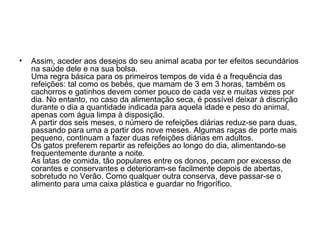 •

Assim, aceder aos desejos do seu animal acaba por ter efeitos secundários
na saúde dele e na sua bolsa.
Uma regra básica para os primeiros tempos de vida é a frequência das
refeições: tal como os bebés, que mamam de 3 em 3 horas, também os
cachorros e gatinhos devem comer pouco de cada vez e muitas vezes por
dia. No entanto, no caso da alimentação seca, é possível deixar à discrição
durante o dia a quantidade indicada para aquela idade e peso do animal,
apenas com água limpa à disposição.
A partir dos seis meses, o número de refeições diárias reduz-se para duas,
passando para uma a partir dos nove meses. Algumas raças de porte mais
pequeno, continuam a fazer duas refeições diárias em adultos.
Os gatos preferem repartir as refeições ao longo do dia, alimentando-se
frequentemente durante a noite.
As latas de comida, tão populares entre os donos, pecam por excesso de
corantes e conservantes e deterioram-se facilmente depois de abertas,
sobretudo no Verão. Como qualquer outra conserva, deve passar-se o
alimento para uma caixa plástica e guardar no frigorífico.

 