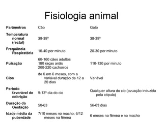 Fisiologia animal
Parâmetros

Cão

Gato

Temperatura
normal
(rectal)

38-39º

38-39º

Frequência
Respiratória

10-40 por minuto

20-30 por minuto

Pulsação

60-160 cães adultos
180 raças anãs
200-220 cachorros

110-130 por minuto

Cios

de 6 em 6 meses, com a
variável duração de 12 a
20 dias

Variável

Período
favorável de
cobrição

9-13º dia do cio

Qualquer altura do cio (ovuação induzida
pela cópula)

Duração da
Gestação

58-63

56-63 dias

Idade média da
puberdade

7/10 meses no macho; 6/12
meses na fêmea

6 meses na fêmea e no macho

 