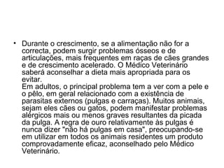 • Durante o crescimento, se a alimentação não for a
correcta, podem surgir problemas ósseos e de
articulações, mais frequentes em raças de cães grandes
e de crescimento acelerado. O Médico Veterinário
saberá aconselhar a dieta mais apropriada para os
evitar.
Em adultos, o principal problema tem a ver com a pele e
o pêlo, em geral relacionado com a existência de
parasitas externos (pulgas e carraças). Muitos animais,
sejam eles cães ou gatos, podem manifestar problemas
alérgicos mais ou menos graves resultantes da picada
da pulga. A regra de ouro relativamente às pulgas é
nunca dizer "não há pulgas em casa", preocupando-se
em utilizar em todos os animais residentes um produto
comprovadamente eficaz, aconselhado pelo Médico
Veterinário.

 