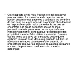 • Outro aspecto ainda mais frequente e desagradável
para os peões, é a quantidade de dejectos que se
podem encontrar nos passeios e calçadas. Ao contrário
do que seria de supor, não são os animais abandonados
os responsáveis pela maior parte das fezes que se
encontram nas áreas pedonais; são os animais
passeados à trela pelos seus donos, que defecam
indisciplinadamente, sem qualquer preocupação dos
proprietários em fazê-los utilizar as sarjetas. Este é o
tipo de treino que deve ser efectuado desde que o
cachorro inicia as suas idas à rua. Quando adultos, se
não foram treinados para esse efeito, deverão os
proprietários remover os dejectos da calçada, utilizando
um saco de plástico ou qualquer outro método
apropriado.

 