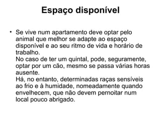 Espaço disponível
• Se vive num apartamento deve optar pelo
animal que melhor se adapte ao espaço
disponível e ao seu ritmo de vida e horário de
trabalho.
No caso de ter um quintal, pode, seguramente,
optar por um cão, mesmo se passa várias horas
ausente.
Há, no entanto, determinadas raças sensíveis
ao frio e à humidade, nomeadamente quando
envelhecem, que não devem pernoitar num
local pouco abrigado.

 