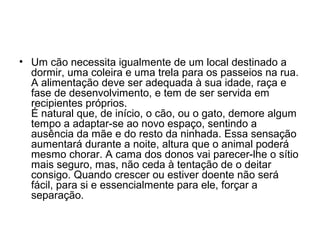 • Um cão necessita igualmente de um local destinado a
dormir, uma coleira e uma trela para os passeios na rua.
A alimentação deve ser adequada à sua idade, raça e
fase de desenvolvimento, e tem de ser servida em
recipientes próprios.
É natural que, de início, o cão, ou o gato, demore algum
tempo a adaptar-se ao novo espaço, sentindo a
ausência da mãe e do resto da ninhada. Essa sensação
aumentará durante a noite, altura que o animal poderá
mesmo chorar. A cama dos donos vai parecer-lhe o sítio
mais seguro, mas, não ceda à tentação de o deitar
consigo. Quando crescer ou estiver doente não será
fácil, para si e essencialmente para ele, forçar a
separação.

 