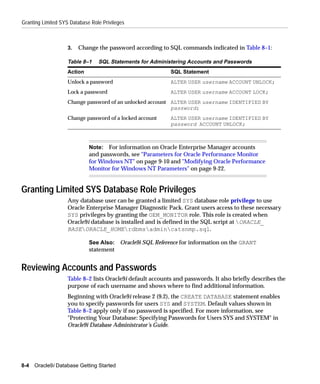 Granting Limited SYS Database Role Privileges



                    3.   Change the password according to SQL commands indicated in Table 8–1:

                    Table 8–1    SQL Statements for Administering Accounts and Passwords
                    Action                                  SQL Statement
                    Unlock a password                       ALTER USER username ACCOUNT UNLOCK;
                    Lock a password                         ALTER USER username ACCOUNT LOCK;
                    Change password of an unlocked account ALTER USER username IDENTIFIED BY
                                                           password;
                    Change password of a locked account     ALTER USER username IDENTIFIED BY
                                                            password ACCOUNT UNLOCK;



                             Note: For information on Oracle Enterprise Manager accounts
                             and passwords, see "Parameters for Oracle Performance Monitor
                             for Windows NT" on page 9-10 and "Modifying Oracle Performance
                             Monitor for Windows NT Parameters" on page 9-22.


Granting Limited SYS Database Role Privileges
                    Any database user can be granted a limited SYS database role privilege to use
                    Oracle Enterprise Manager Diagnostic Pack. Grant users access to these necessary
                    SYS privileges by granting the OEM_MONITOR role. This role is created when
                    Oracle9i database is installed and is defined in the SQL script at ORACLE_
                    BASEORACLE_HOMErdbmsadmincatsnmp.sql.

                             See Also: Oracle9i SQL Reference for information on the GRANT
                             statement


Reviewing Accounts and Passwords
                    Table 8–2 lists Oracle9i default accounts and passwords. It also briefly describes the
                    purpose of each username and shows where to find additional information.
                    Beginning with Oracle9i release 2 (9.2), the CREATE DATABASE statement enables
                    you to specify passwords for users SYS and SYSTEM. Default values shown in
                    Table 8–2 apply only if no password is specified. For more information, see
                    "Protecting Your Database: Specifying Passwords for Users SYS and SYSTEM" in
                    Oracle9i Database Administrator’s Guide.




8-4   Oracle9i Database Getting Started
 