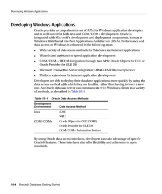 Developing Windows Applications



Developing Windows Applications
                   Oracle provides a comprehensive set of APIs for Windows application developers
                   and is well suited for both Java and COM/COM+ development. Oracle is
                   integrated with Microsoft’s development and deployment components, known as
                   Windows Distributed interNet Applications Architecture (DNA). Performance and
                   data access on Windows is enhanced in the following areas:
                   s    Wide variety of data access methods for Windows and internet applications
                   s    Wizards and assistants to speed application development
                   s    COM/COM+/DCOM integration through two APIs: Oracle Objects for OLE or
                        Oracle Provider for OLE DB
                   s    Microsoft Transaction Server integration: ORACLEMTSRecoveryService
                   s    Platform extensions for internet application development
                   Developers are able to deploy their database applications more quickly by using the
                   data access method with which they are familiar, rather than having to learn a new
                   one. An Oracle database server can communicate with Windows clients in a variety
                   of methods, as described in Table 10–1

                   Table 10–1     Oracle Data Access Methods
                   Development
                   Environment         Data Access Method
                   Java                JDBC
                                       SQLJ
                   COM/COM+            Oracle Objects for OLE (OO4O)
                                       Oracle Provider for OLE DB
                                       COM/COM+ Automation Feature


                   By using Oracle data access interfaces, developers can take advantage of specific
                   Oracle9i features. These interfaces also offer flexibility and adherence to open
                   standards.




10-4   Oracle9i Database Getting Started
 