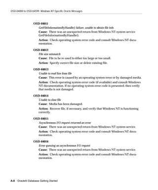 OSD-04000 to OSD-04599: Windows NT-Specific Oracle Messages



                  OSD-04011
                    GetFileInformationByHandle() failure, unable to obtain file info
                    Cause: There was an unexpected return from Windows NT system service
                    GetFileInformationByHandle().
                       Action: Check operating system error code and consult Windows NT docu-
                       mentation.

                  OSD-04012
                    File size mismatch
                    Cause: File to be re-used is either too large or too small.
                       Action: Specify correct file size or delete existing file.

                  OSD-04013
                    Unable to read line from file
                    Cause: This error is caused by an operating system error or by damaged media.
                       Action: Check operating system error code (if available) and consult Windows
                       NT documentation. If no operating system error code is presented, then verify
                       that media is not damaged.

                  OSD-04014
                    Unable to close file
                    Cause: Media has been damaged.
                       Action: Recover file, if necessary, and verify that Windows NT is functioning
                       correctly.

                  OSD-04015
                    Asynchronous I/O request returned an error
                    Cause: There was an unexpected return from Windows NT system service.
                       Action: Check operating system error code and consult Windows NT docu-
                       mentation.

                  OSD-04016
                    Error queuing an asynchronous I/O request
                    Cause: There was an unexpected return from Windows NT system service.
                       Action: Check operating system error code and consult Windows NT docu-
                       mentation.




A-8 Oracle9i Database Getting Started
 