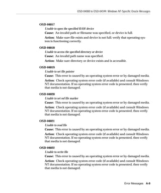 OSD-04000 to OSD-04599: Windows NT-Specific Oracle Messages



OSD-04017
  Unable to open the specified RAW device
  Cause: An invalid path or filename was specified, or device is full.
    Action: Make sure file exists and device is not full; verify that operating sys-
    tem is functioning correctly.

OSD-04018
  Unable to access the specified directory or device
  Cause: An invalid path name was specified.
    Action: Make sure directory or device exists and is accessible.

OSD-04019
  Unable to set file pointer
  Cause: This error is caused by an operating system error or by damaged media.
    Action: Check operating system error code (if available) and consult Windows
    NT documentation. If no operating system error code is presented, then verify
    that media is not damaged.

OSD-04020
  Unable to set eof file marker
  Cause: This error is caused by an operating system error or by damaged media.
    Action: Check operating system error code (if available) and consult Windows
    NT documentation. If no operating system error code is presented, then verify
    that media is not damaged.

OSD-04021
  Unable to read file
  Cause: This error is caused by an operating system error or by damaged media.
    Action: Check operating system error code (if available) and consult Windows
    NT documentation. If no operating system error code is presented, then verify
    that media is not damaged.

OSD-04022
  Unable to write file
  Cause: This error is caused by an operating system error or by damaged media.
    Action: Check operating system error code (if available) and consult Windows
    NT documentation. If no operating system error code is presented, then verify
    that media is not damaged.




                                                                    Error Messages A-9
 