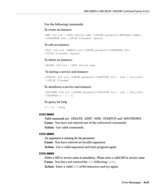 DIM-00000 to DIM-00039: ORADIM Command Syntax Errors



    Use the following commands:
    To create an instance:
    -NEW -SID sid | -SRVC service name [-INTPWD password][-MAXUSERS number]
    [-STARTMODE auto [-PFILE filename]| manual]

    To edit an instance:
    -EDIT -SID sid [-NEWSID sid][-INTPWD password][-STARTMODE auto
    [-PFILE filename]| manual]

    To delete an instance:
    -DELETE -SID sid | -SRVC service name

    To startup a service and instance:
    -STARTUP -SID sid [-USRPWD password][-STARTTYPE srvc | inst | srvc,inst]
     [-PFILE filename]

    To shutdown a service and instance:
    -SHUTDOWN -SID sid [-USRPWD password][-SHUTTYPE srvc | inst | srvc,inst]
    [-SHUTMODE a | i | n]

    To query for help
    -? | -h | -help

DIM-00002
   Valid commands are: -DELETE, -EDIT, -NEW, -STARTUP, and -SHUTDOWN
   Cause: You have not entered one of the referenced commands.
    Action: Use valid commands.

DIM-00003
   An argument is missing for the parameter
   Cause: You have entered an invalid argument.
    Action: Use a valid argument and start program again.

DIM-00004
   Either a SID or service name is mandatory. Please enter a valid SID or service name
   Cause: You have not entered the SID following -SID.
    Action: Enter a valid SID of 64 characters and try again.




                                                                   Error Messages    A-21
 