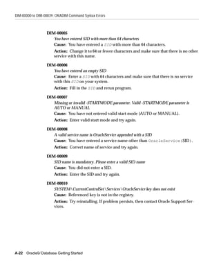 DIM-00000 to DIM-00039: ORADIM Command Syntax Errors



                  DIM-00005
                     You have entered SID with more than 64 characters
                     Cause: You have entered a SID with more than 64 characters.
                       Action: Change it to 64 or fewer characters and make sure that there is no other
                       service with this name.

                  DIM-00006
                     You have entered an empty SID
                     Cause: Enter a SID with 64 characters and make sure that there is no service
                     with this SID on your system.
                       Action: Fill in the SID and rerun program.

                  DIM-00007
                     Missing or invalid -STARTMODE parameter. Valid -STARTMODE parameter is
                     AUTO or MANUAL
                     Cause: You have not entered valid start mode (AUTO or MANUAL).
                       Action: Enter valid start mode and try again.

                  DIM-00008
                     A valid service name is OracleService appended with a SID
                     Cause: You have entered a service name other than OracleService(SID).
                       Action: Correct name of service and try again.

                  DIM-00009
                     SID name is mandatory. Please enter a valid SID name
                     Cause: You did not enter a SID.
                       Action: Enter the SID and try again.

                  DIM-00010
                     SYSTEMCurrentControlSetServicesOracleService key does not exist
                     Cause: Referenced key is not in the registry.
                       Action: Try reinstalling. If problem persists, then contact Oracle Support Ser-
                       vices.




A-22   Oracle9i Database Getting Started
 