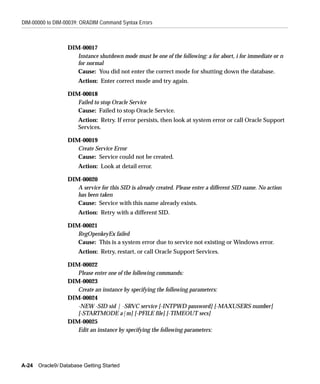 DIM-00000 to DIM-00039: ORADIM Command Syntax Errors



                  DIM-00017
                     Instance shutdown mode must be one of the following: a for abort, i for immediate or n
                     for normal
                     Cause: You did not enter the correct mode for shutting down the database.
                       Action: Enter correct mode and try again.

                  DIM-00018
                     Failed to stop Oracle Service
                     Cause: Failed to stop Oracle Service.
                       Action: Retry. If error persists, then look at system error or call Oracle Support
                       Services.

                  DIM-00019
                     Create Service Error
                     Cause: Service could not be created.
                       Action: Look at detail error.

                  DIM-00020
                     A service for this SID is already created. Please enter a different SID name. No action
                     has been taken
                     Cause: Service with this name already exists.
                       Action: Retry with a different SID.

                  DIM-00021
                     RegOpenkeyEx failed
                     Cause: This is a system error due to service not existing or Windows error.
                       Action: Retry, restart, or call Oracle Support Services.

                  DIM-00022
                     Please enter one of the following commands:
                  DIM-00023
                     Create an instance by specifying the following parameters:
                  DIM-00024
                     -NEW -SID sid | -SRVC service [-INTPWD password] [-MAXUSERS number]
                     [-STARTMODE a|m] [-PFILE file] [-TIMEOUT secs]
                  DIM-00025
                     Edit an instance by specifying the following parameters:




A-24   Oracle9i Database Getting Started
 