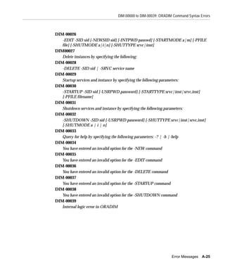DIM-00000 to DIM-00039: ORADIM Command Syntax Errors



DIM-00026
   -EDIT -SID sid [-NEWSID sid] [-INTPWD passwd] [-STARTMODE a|m] [-PFILE
   file] [-SHUTMODE a|i|n] [-SHUTTYPE srvc|inst]
DIM00027
   Delete instances by specifying the following:
DIM-00028
   -DELETE -SID sid | -SRVC service name
DIM-00029
   Startup services and instance by specifying the following parameters:
DIM-00030
   -STARTUP -SID sid [-USRPWD password] [-STARTTYPE srvc|inst|srvc,inst]
   [-PFILE filename]
DIM-00031
   Shutdown services and instance by specifying the following parameters:
DIM-00032
   -SHUTDOWN -SID sid [-USRPWD password] [-SHUTTYPE srvc|inst|srvc,inst]
   [-SHUTMODE a | i | n]
DIM-00033
   Query for help by specifying the following parameters: -? | -h |-help
DIM-00034
   You have entered an invalid option for the -NEW command
DIM-00035
   You have entered an invalid option for the -EDIT command
DIM-00036
   You have entered an invalid option for the -DELETE command
DIM-00037
   You have entered an invalid option for the -STARTUP command
DIM-00038
   You have entered an invalid option for the -SHUTDOWN command
DIM-00039
   Internal logic error in ORADIM




                                                            Error Messages   A-25
 