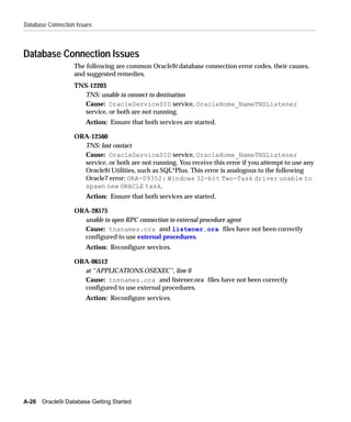 Database Connection Issues



Database Connection Issues
                   The following are common Oracle9i database connection error codes, their causes,
                   and suggested remedies.
                   TNS-12203
                     TNS: unable to connect to destination
                     Cause: OracleServiceSID service, OracleHome_NameTNSListener
                     service, or both are not running.
                       Action: Ensure that both services are started.

                   ORA-12560
                     TNS: lost contact
                     Cause: OracleServiceSID service, OracleHome_NameTNSListener
                     service, or both are not running. You receive this error if you attempt to use any
                     Oracle9i Utilities, such as SQL*Plus. This error is analogous to the following
                     Oracle7 error: ORA-09352: Windows 32-bit Two-Task driver unable to
                     spawn new ORACLE task.
                       Action: Ensure that both services are started.

                   ORA-28575
                     unable to open RPC connection to external procedure agent
                     Cause: tnsnames.ora and listener.ora files have not been correctly
                     configured to use external procedures.
                       Action: Reconfigure services.

                   ORA-06512
                     at "APPLICATIONS.OSEXEC", line 0
                     Cause: tnsnames.ora and listener.ora files have not been correctly
                     configured to use external procedures.
                       Action: Reconfigure services.




A-26   Oracle9i Database Getting Started
 